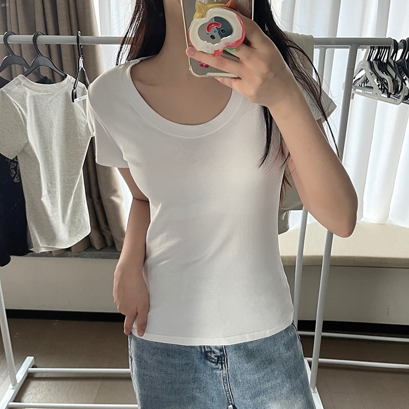 Short sleeve low collar pure tops tight Korean style T-shirt