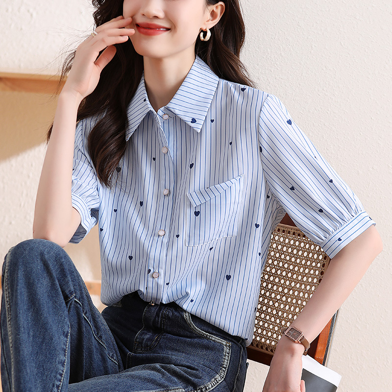 Stripe retro chiffon shirt commuting printing tops for women