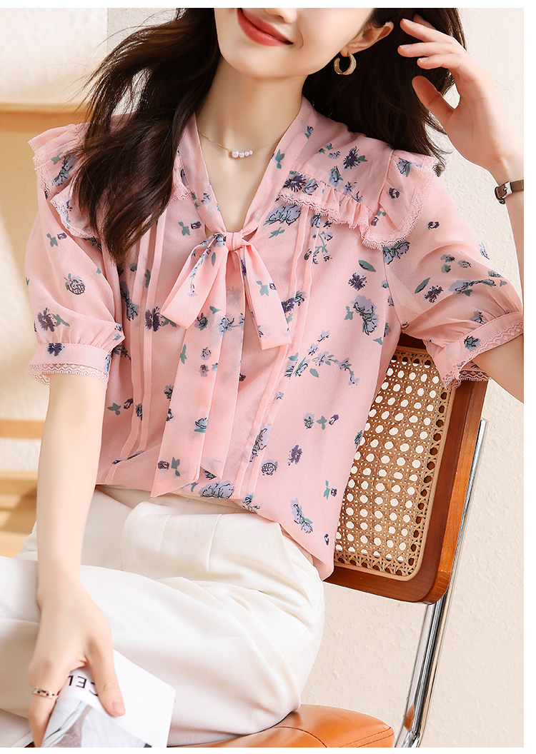 Printing bow short sleeve tops sweet summer shirt for women
