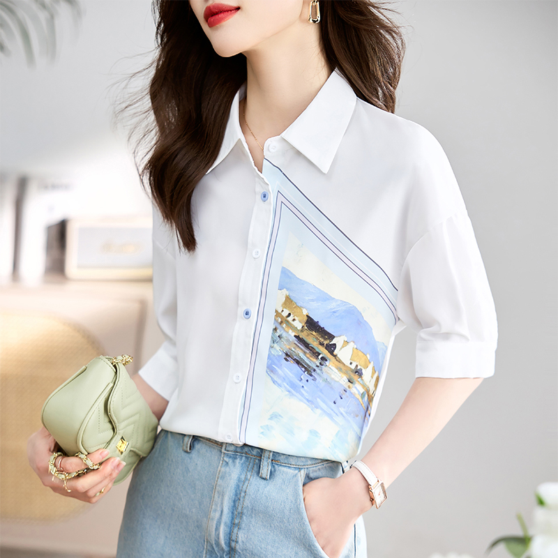 Short sleeve printing tops France style shirt for women