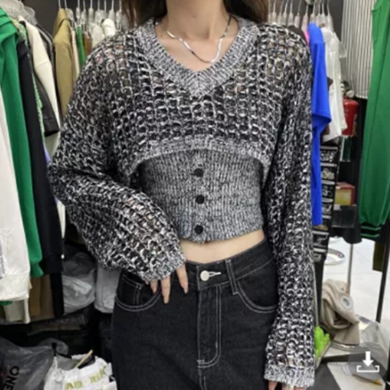 Knitted long sleeve cardigan fashion sling sweater 2pcs set