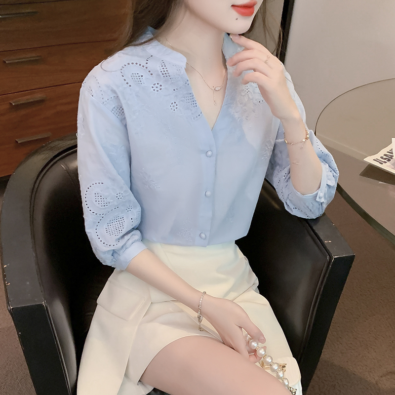 Cotton linen Casual simple embroidery shirt for women
