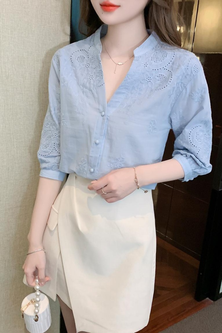 Cotton linen Casual simple embroidery shirt for women