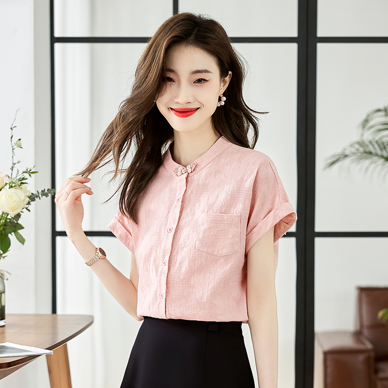 Pink short sleeve tops Chinese style shirt for women