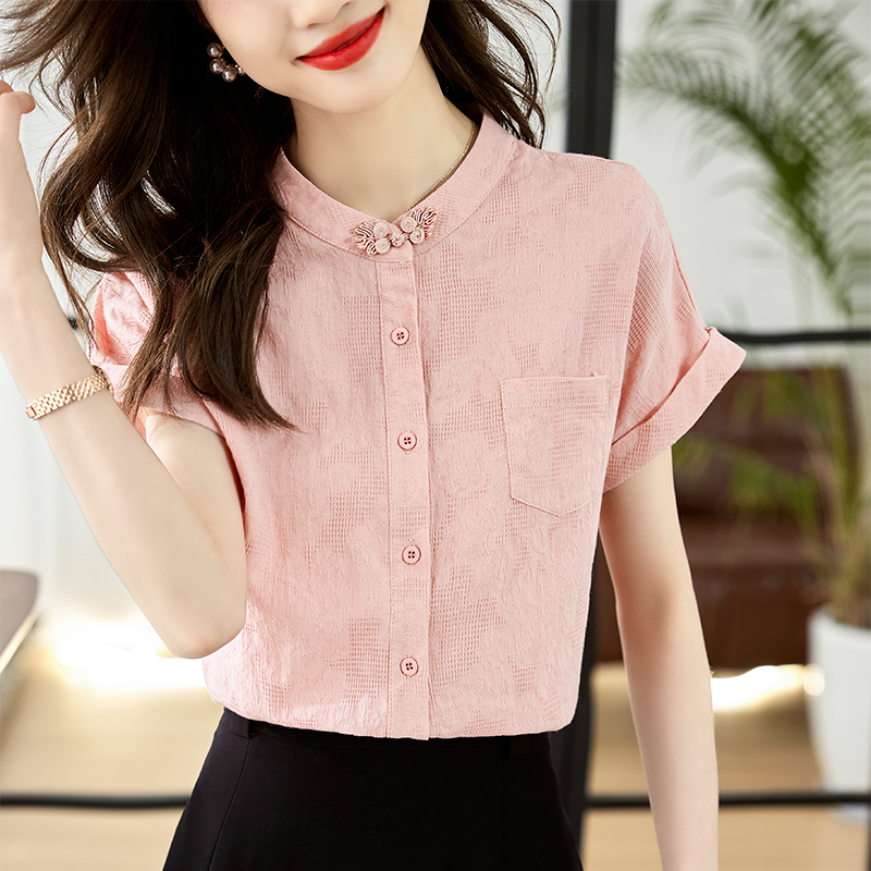 Pink short sleeve tops Chinese style shirt for women