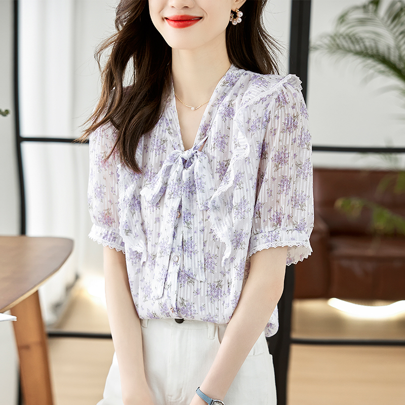 Chiffon all-match shirt floral Western style tops for women