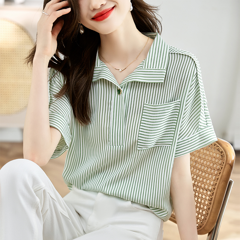 Thin short sleeve shirt stripe non-ironing tops for women
