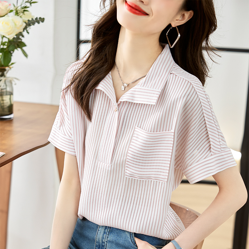 Thin short sleeve shirt stripe non-ironing tops for women