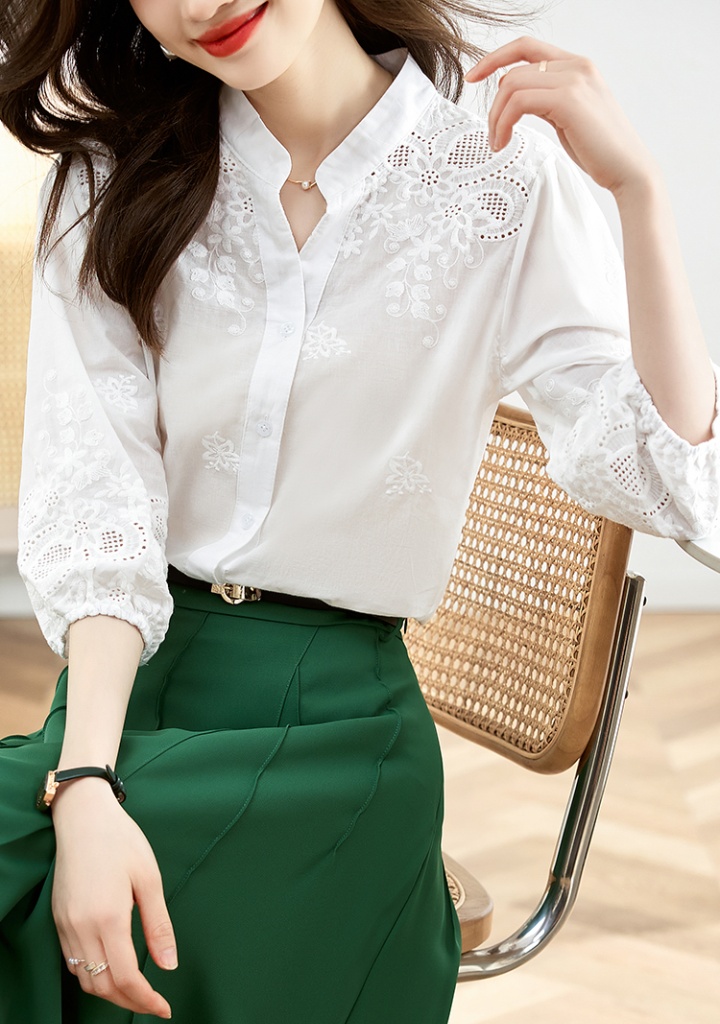 Slim pure cotton tops white V-neck shirt for women