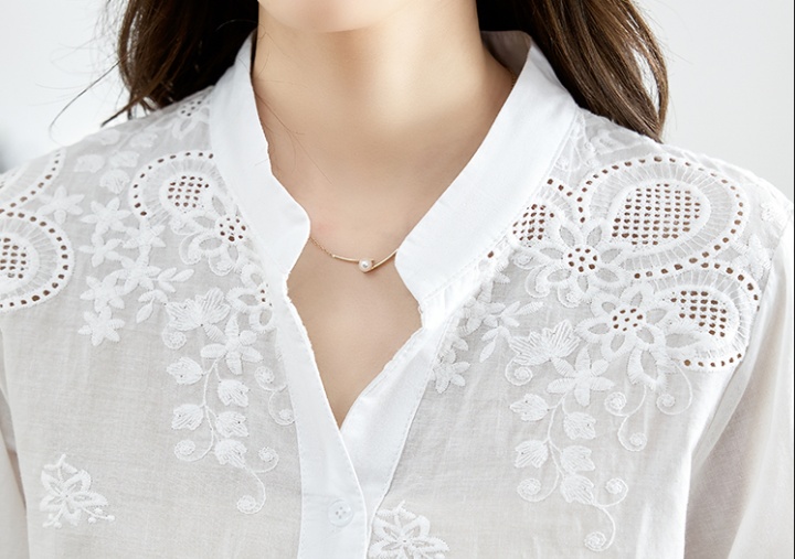 Slim pure cotton tops white V-neck shirt for women
