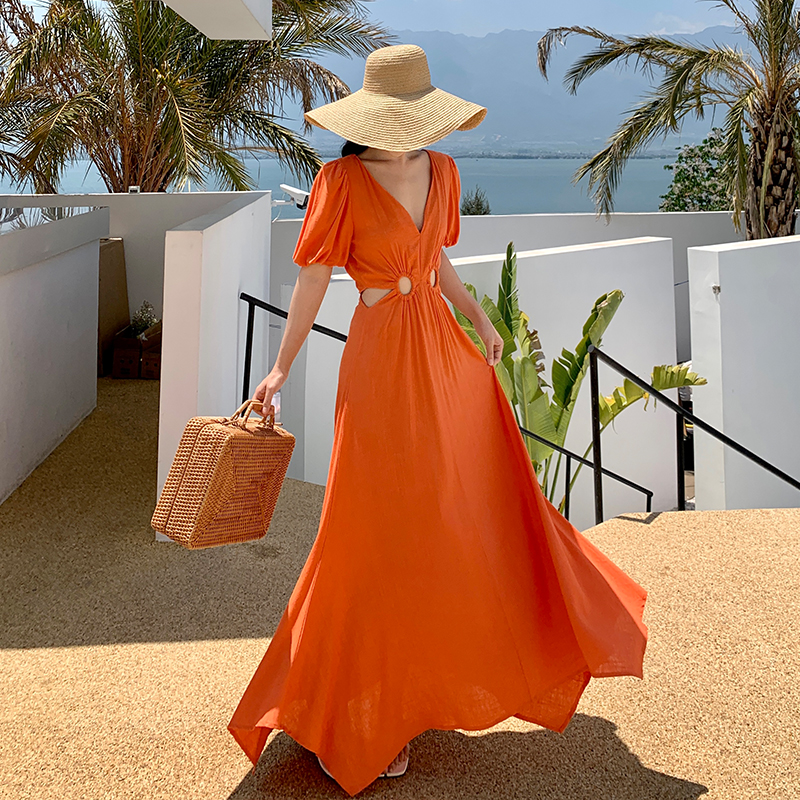 V-neck vacation seaside long dress orange puff sleeve summer dress