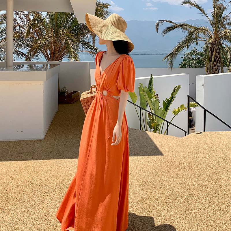 V-neck vacation seaside long dress orange puff sleeve summer dress