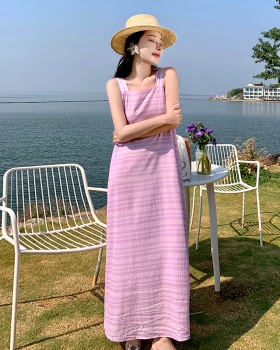 Plaid streamer loose jacquard purple sling long dress