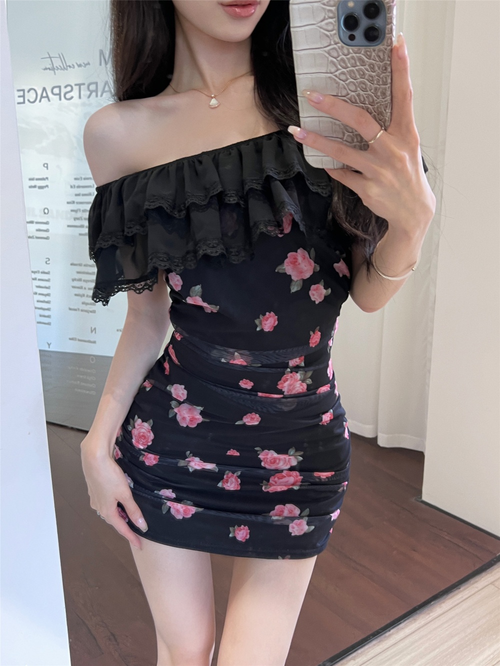 France style slim flat shoulder high waist sexy dress