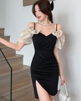 Bow flat shoulder dress sling slim formal dress