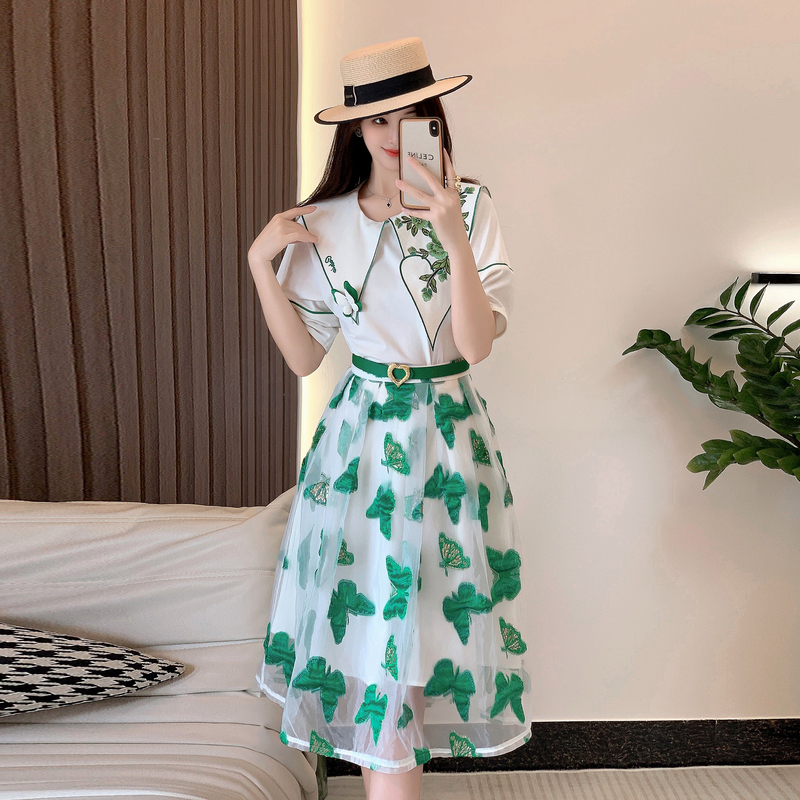 Summer gauze skirt Western style tops 2pcs set