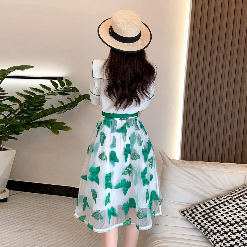 Summer gauze skirt Western style tops 2pcs set