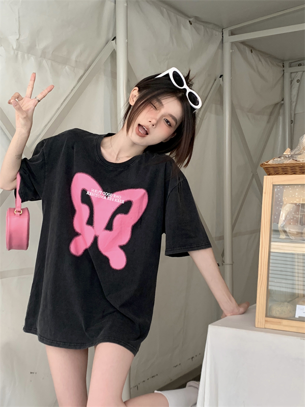Butterfly straight Casual short sleeve T-shirt for women