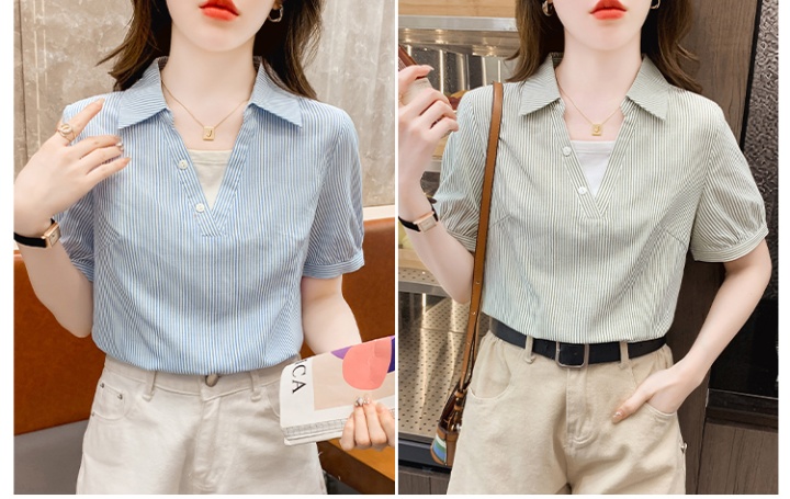 Summer stripe France style short sleeve lapel shirt