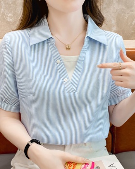 Summer stripe France style short sleeve lapel shirt