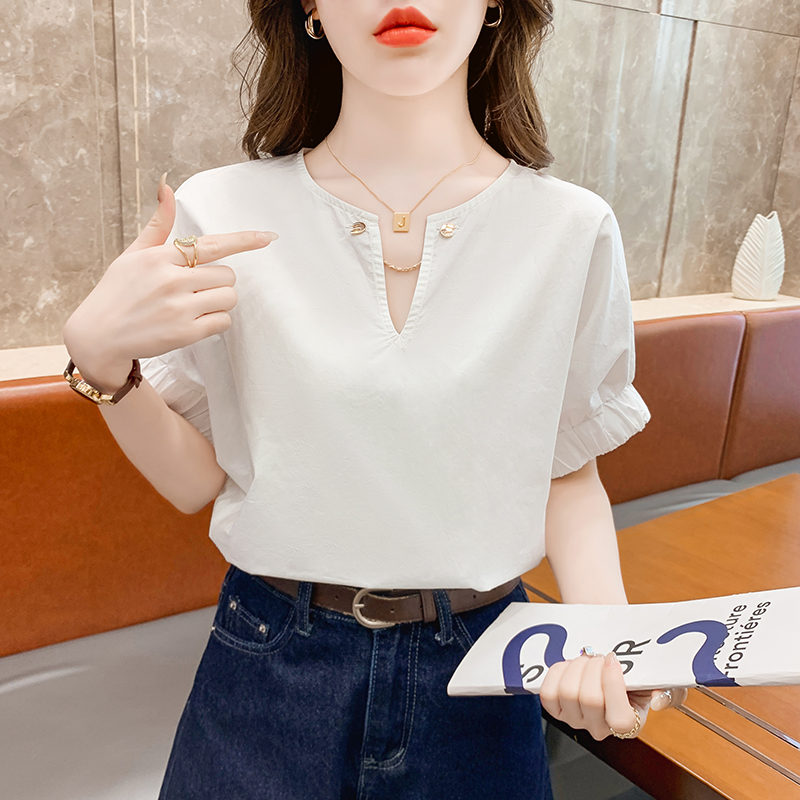 Loose fashion white tops temperament summer V-neck shirt