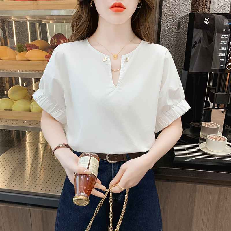 Loose fashion white tops temperament summer V-neck shirt