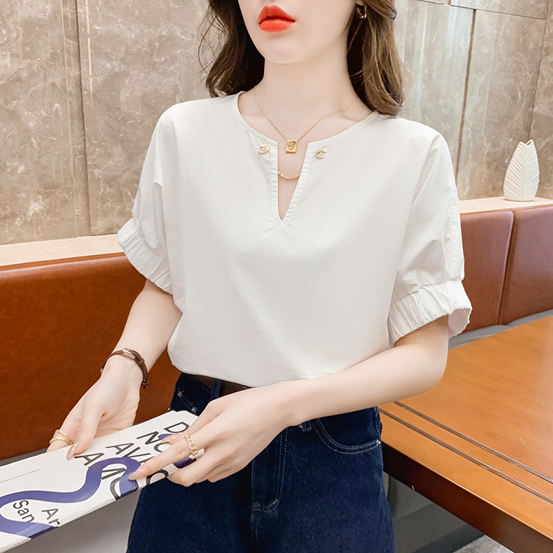 Loose fashion white tops temperament summer V-neck shirt