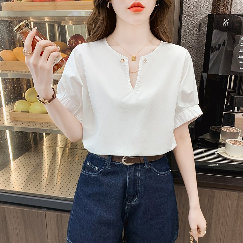 Loose fashion white tops temperament summer V-neck shirt