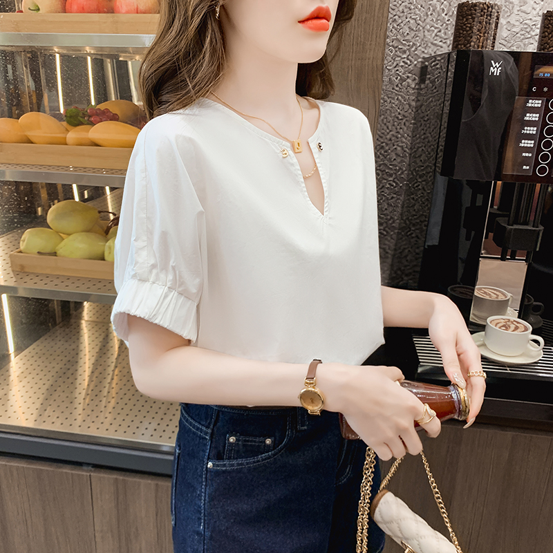 Loose fashion white tops temperament summer V-neck shirt