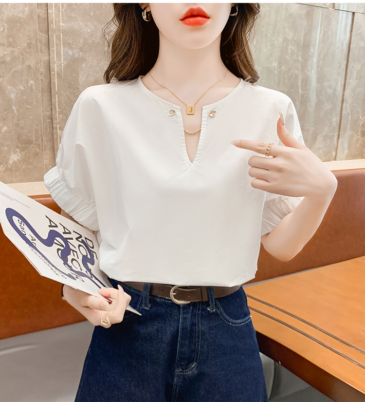 Loose fashion white tops temperament summer V-neck shirt