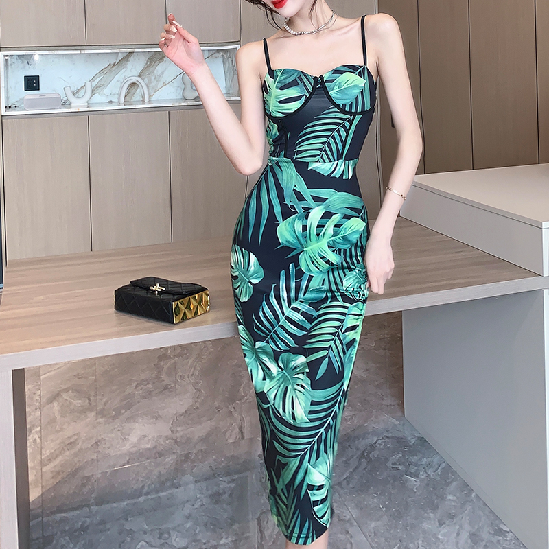 Sexy printing dress package hip tight strap dress