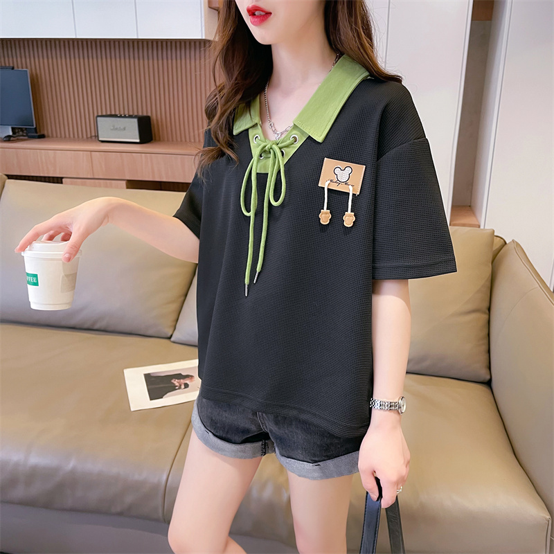 Patch sweet pullover tops splice summer T-shirt