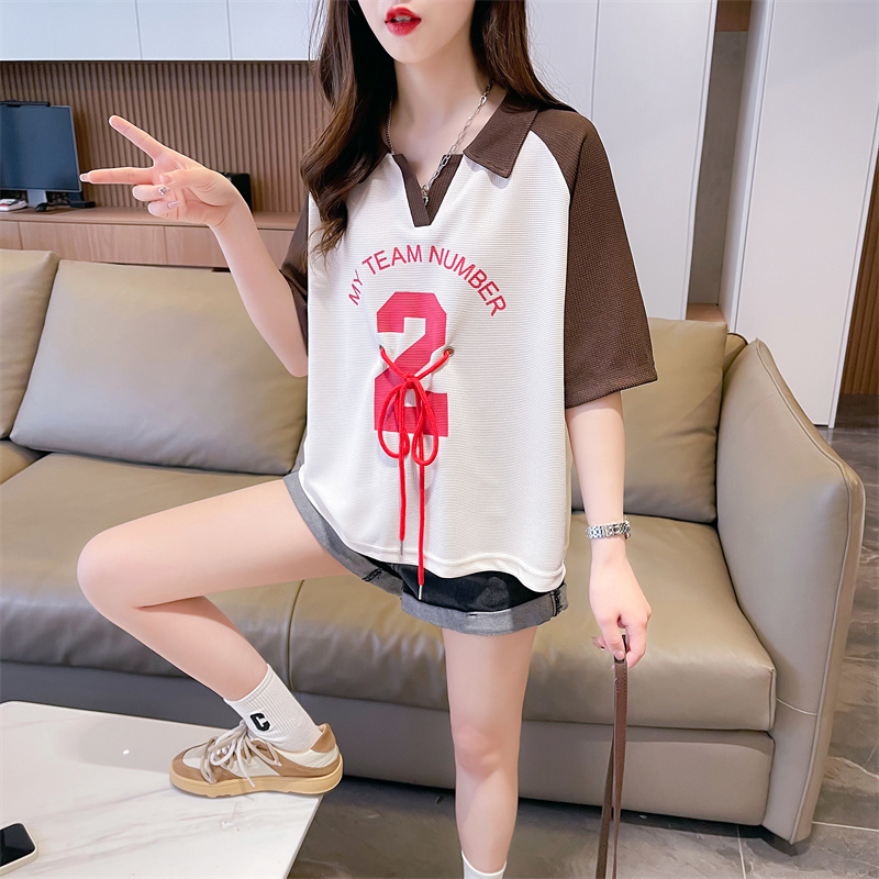 Splice pullover sweet tops loose printing summer T-shirt