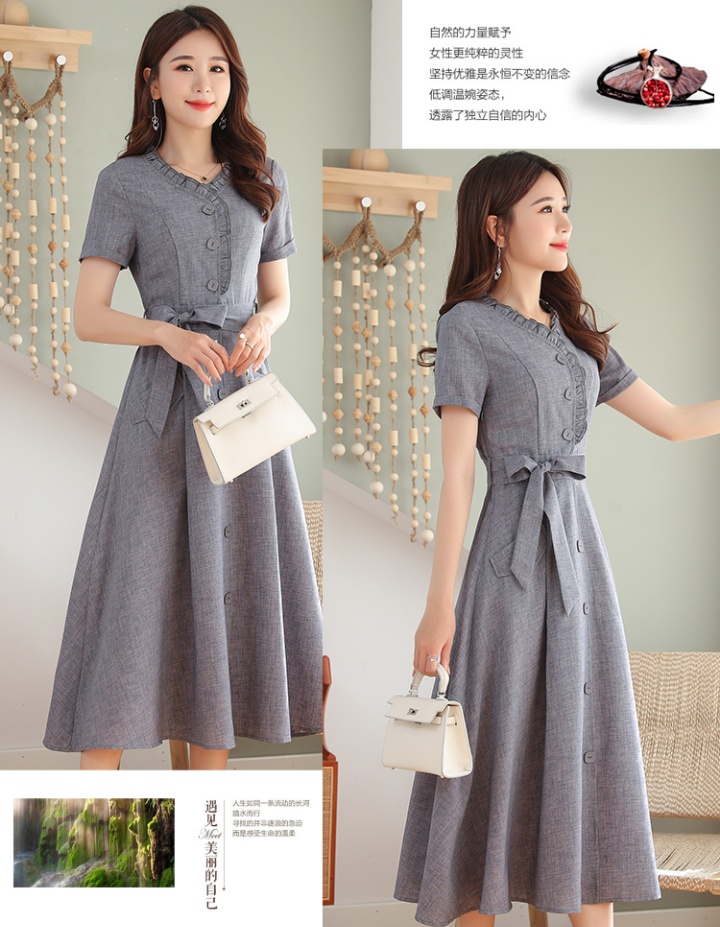 Fashionable slim short sleeve cotton linen dress