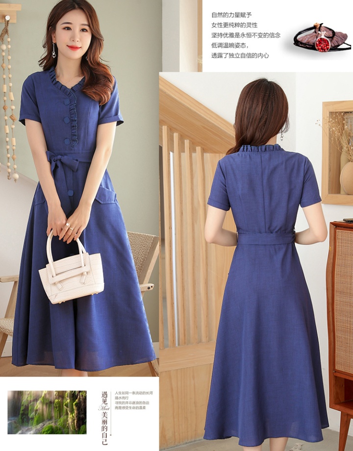 Fashionable slim short sleeve cotton linen dress