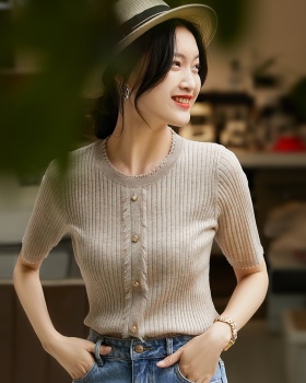 Short sleeve tassels tops knitted multicolor small shirt