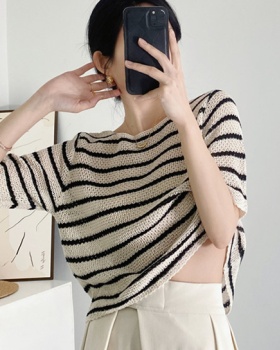 Stripe round neck tops thin sweater for women