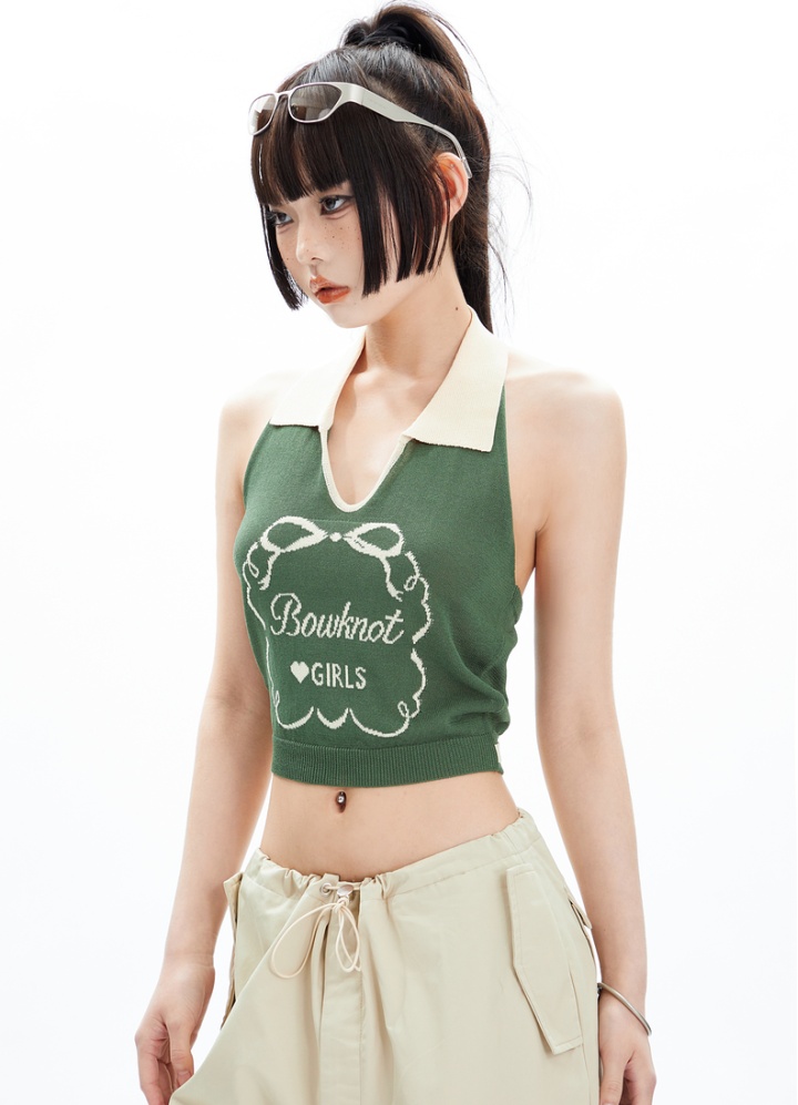 Behind straps knitted tops retro letters vest for women