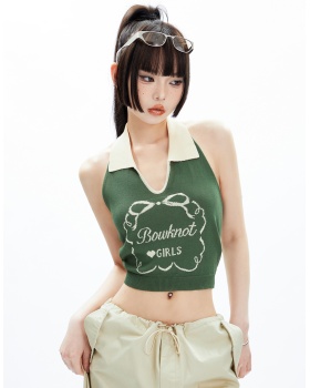 Behind straps knitted tops retro letters vest for women
