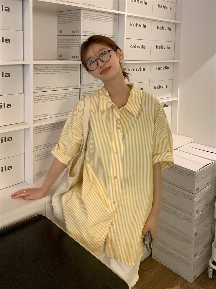Long summer tops vertical stripes Japanese style shirt for women