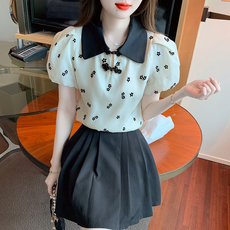 Korean style flocking small shirt floral tops
