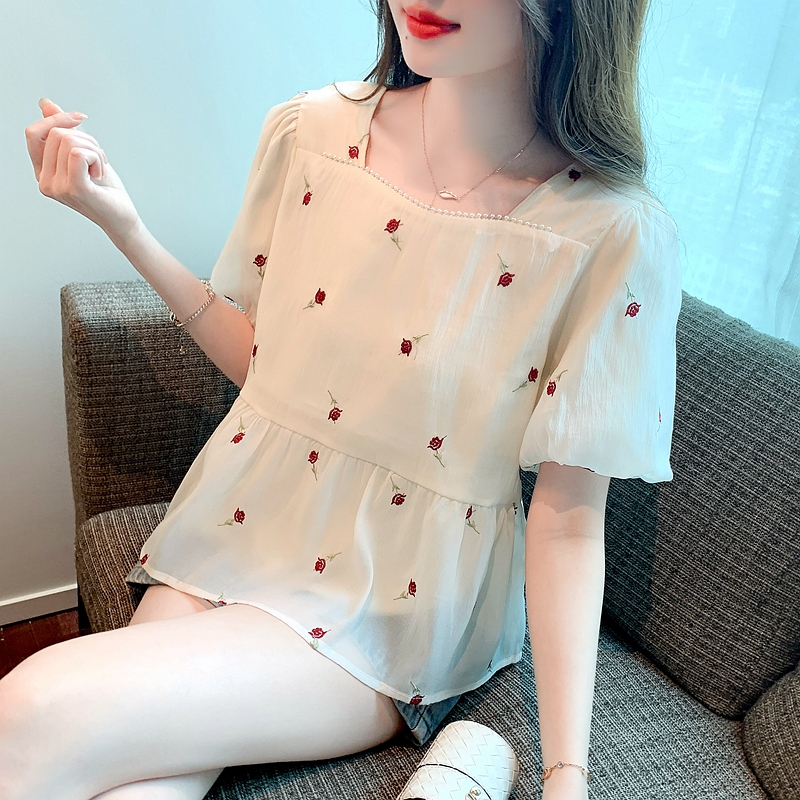 Unique summer tops square collar puff sleeve shirt