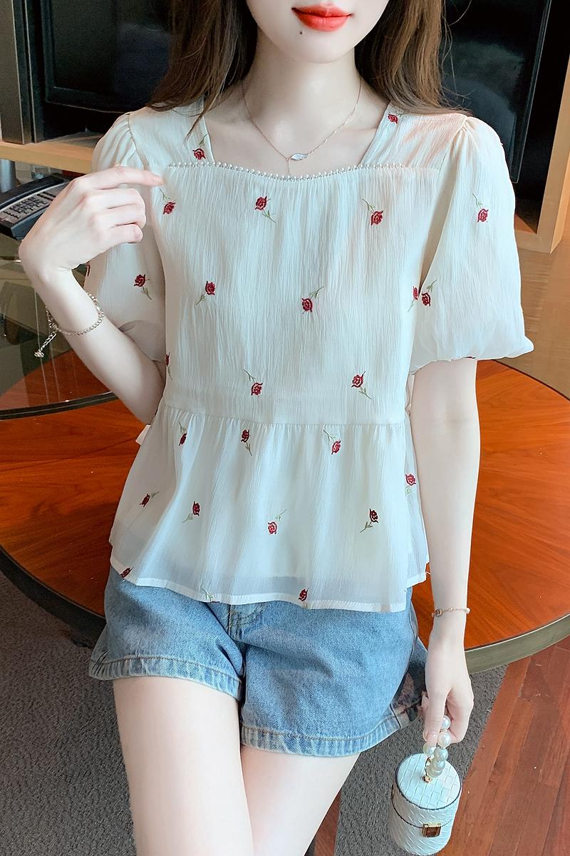 Unique summer tops square collar puff sleeve shirt