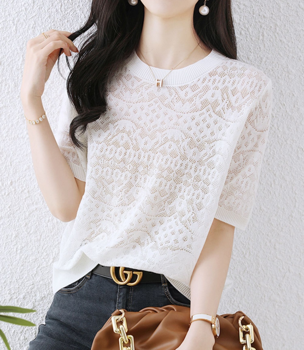 Knitted white short sleeve T-shirt hollow Casual tops