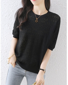 Knitted white short sleeve T-shirt hollow Casual tops