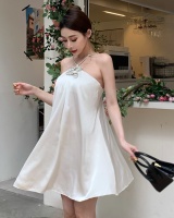Satin chain banquet France style white halter sexy dress