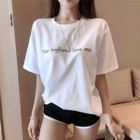 Short sleeve white loose tops letters printing T-shirt