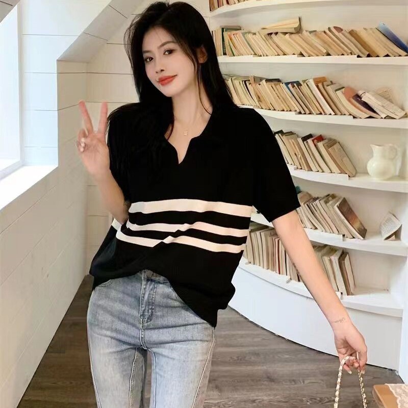 Slim thin knitted summer stripe loose lazy short sleeve tops