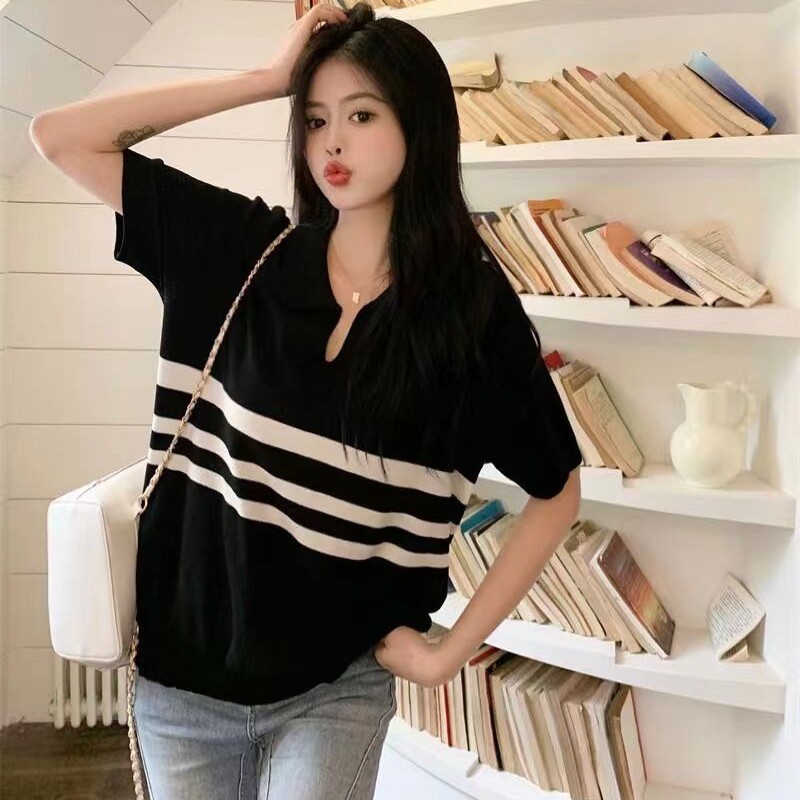 Slim thin knitted summer stripe loose lazy short sleeve tops