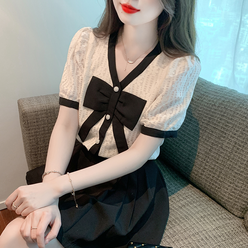 Lace splice summer tops bow Korean style shirt for women